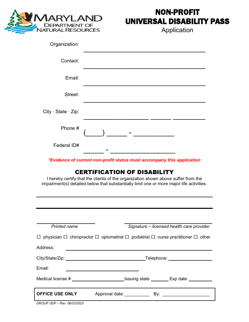 Non-profit Universal Disability Pass Application - Maryland Download Pdf