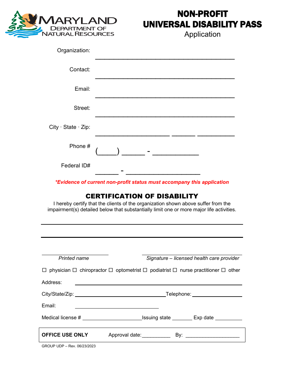 Non-profit Universal Disability Pass Application - Maryland, Page 1