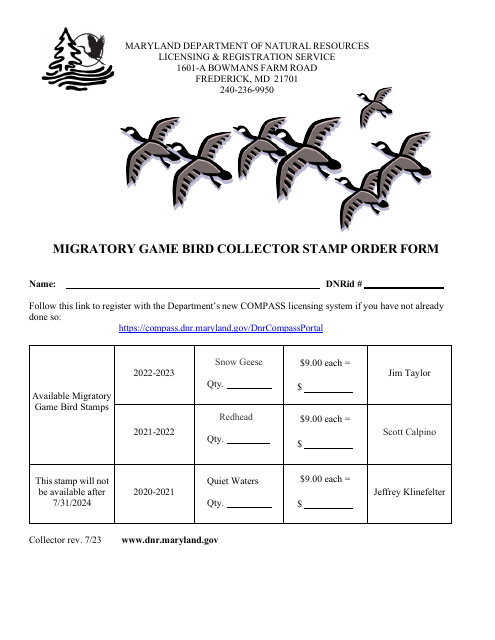 Migratory Game Bird Collector Stamp Order Form - Maryland