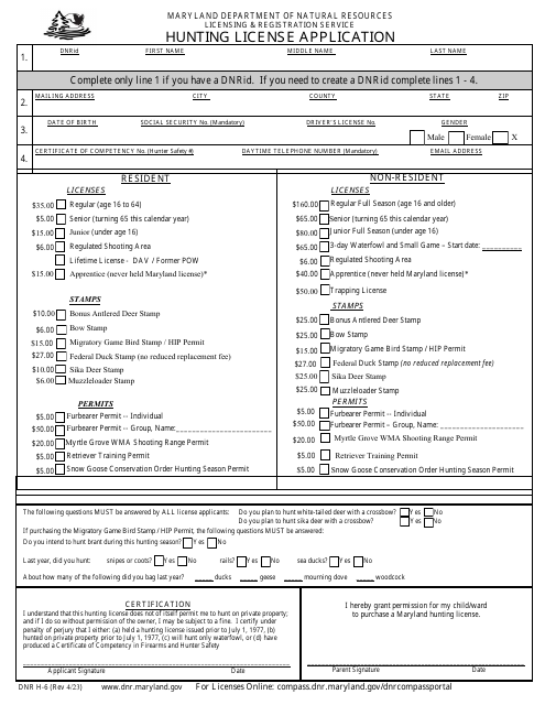 DNR Form H-6 Hunting License Application - Maryland