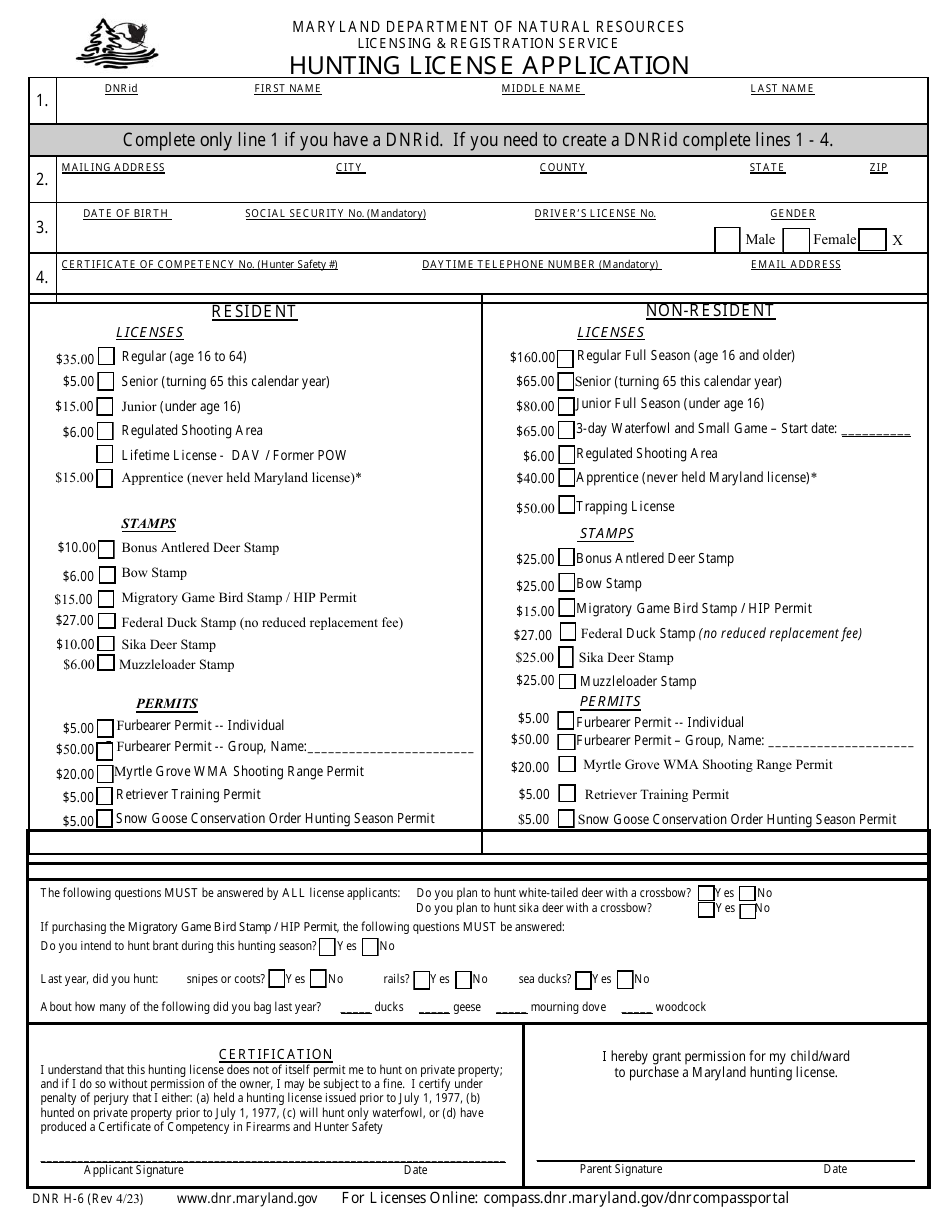 DNR Form H-6 Hunting License Application - Maryland, Page 1