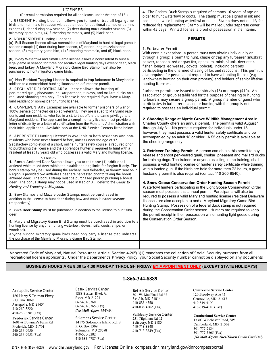 DNR Form H-6 Hunting License Application - Maryland, Page 2