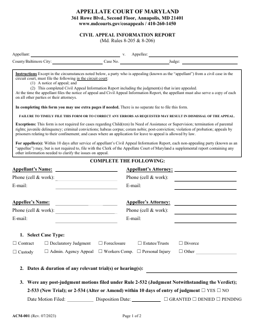 Form ACM-001 Civil Appeal Information Report - Maryland
