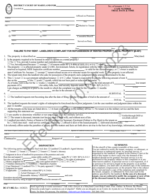 Form DC-CV-082 Failure to Pay Rent - Landlord's Complaint for Repossession of Rented Property (Real Property 8-401) - Maryland