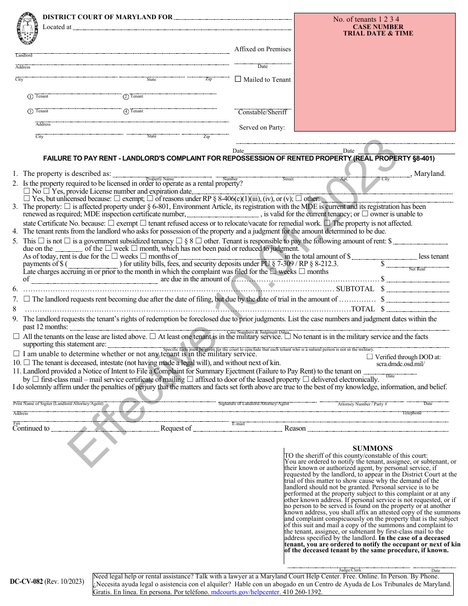 Form DC-CV-082 Failure to Pay Rent - Landlords Complaint for Repossession of Rented Property (Real Property 8-401) - Maryland, Page 2