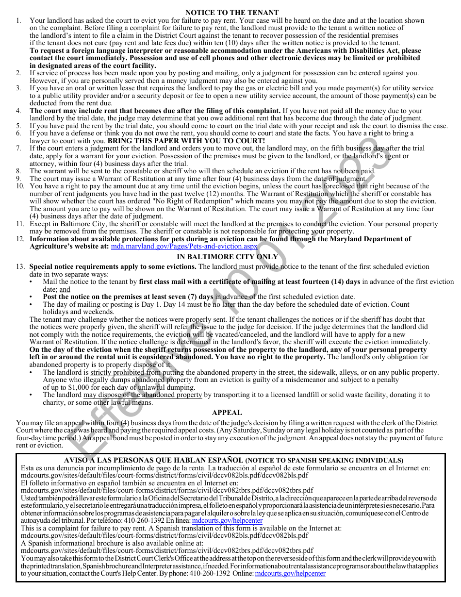 Form DC-CV-082 Failure to Pay Rent - Landlords Complaint for Repossession of Rented Property (Real Property 8-401) - Maryland, Page 4
