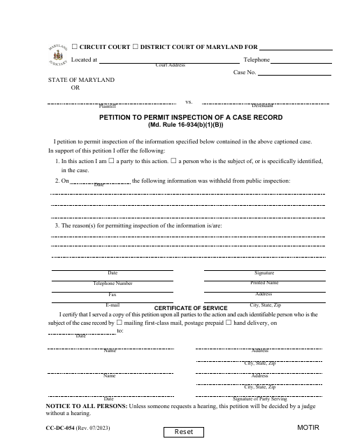 Form CC-DC-054 Petition to Permit Inspection of a Case Record (Md. Rule 16-934(B)(1)(B)) - Maryland