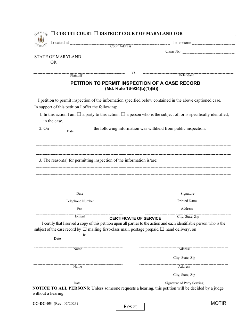 Form CC-DC-054 Petition to Permit Inspection of a Case Record (Md. Rule 16-934(B)(1)(B)) - Maryland, Page 1