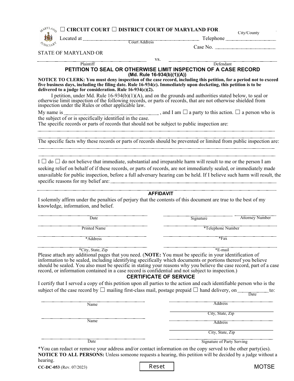 Form CC-DC-053 Petition to Seal or Otherwise Limit Inspection of a Case Record (Md. Rule 16-934(B)(1)(A)) - Maryland, Page 1