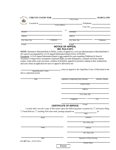 Form CC-097 Notice of Appeal (Md. Rule 8-201) - Maryland