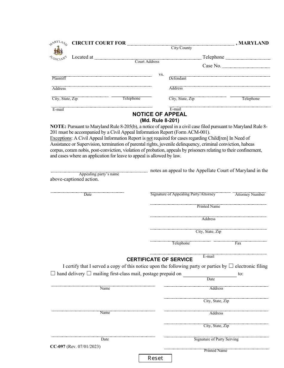 Form CC097 Download Fillable PDF or Fill Online Notice of Appeal (Md