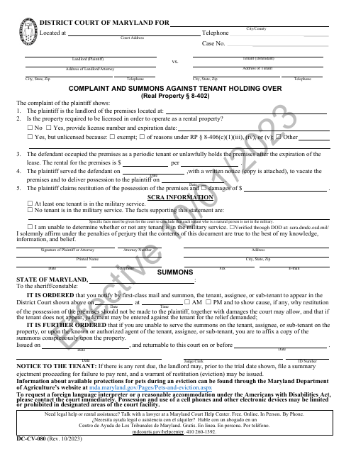 Form Dc-cv-080 Download Printable Pdf Or Fill Online Complaint And 