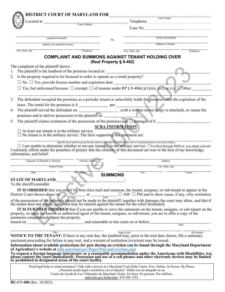 Form DCCV080 Download Printable PDF or Fill Online Complaint and