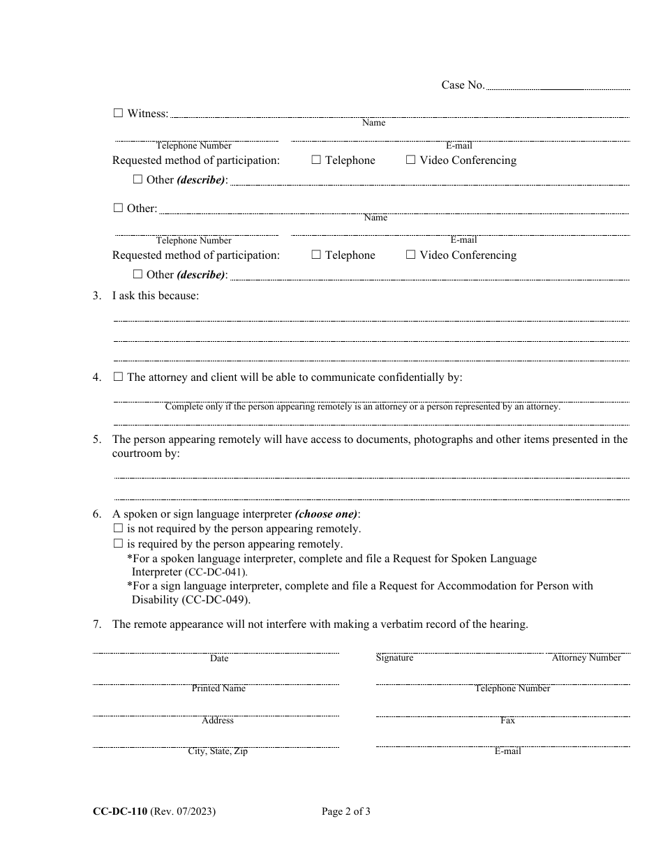 Form CC-DC-110 Download Fillable PDF or Fill Online Motion for Remote ...