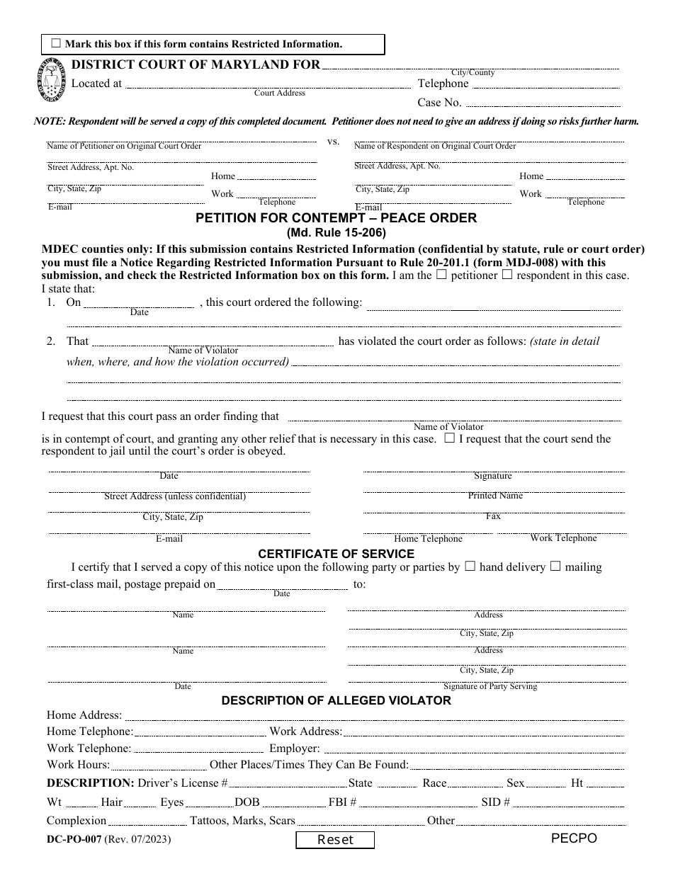 Form DC PO 007 Download Fillable PDF or Fill Online Petition for