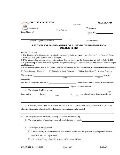 Form CC-GN-002 Petition for Guardianship of Alleged Disabled Person (Md. Rule 10-112) - Maryland