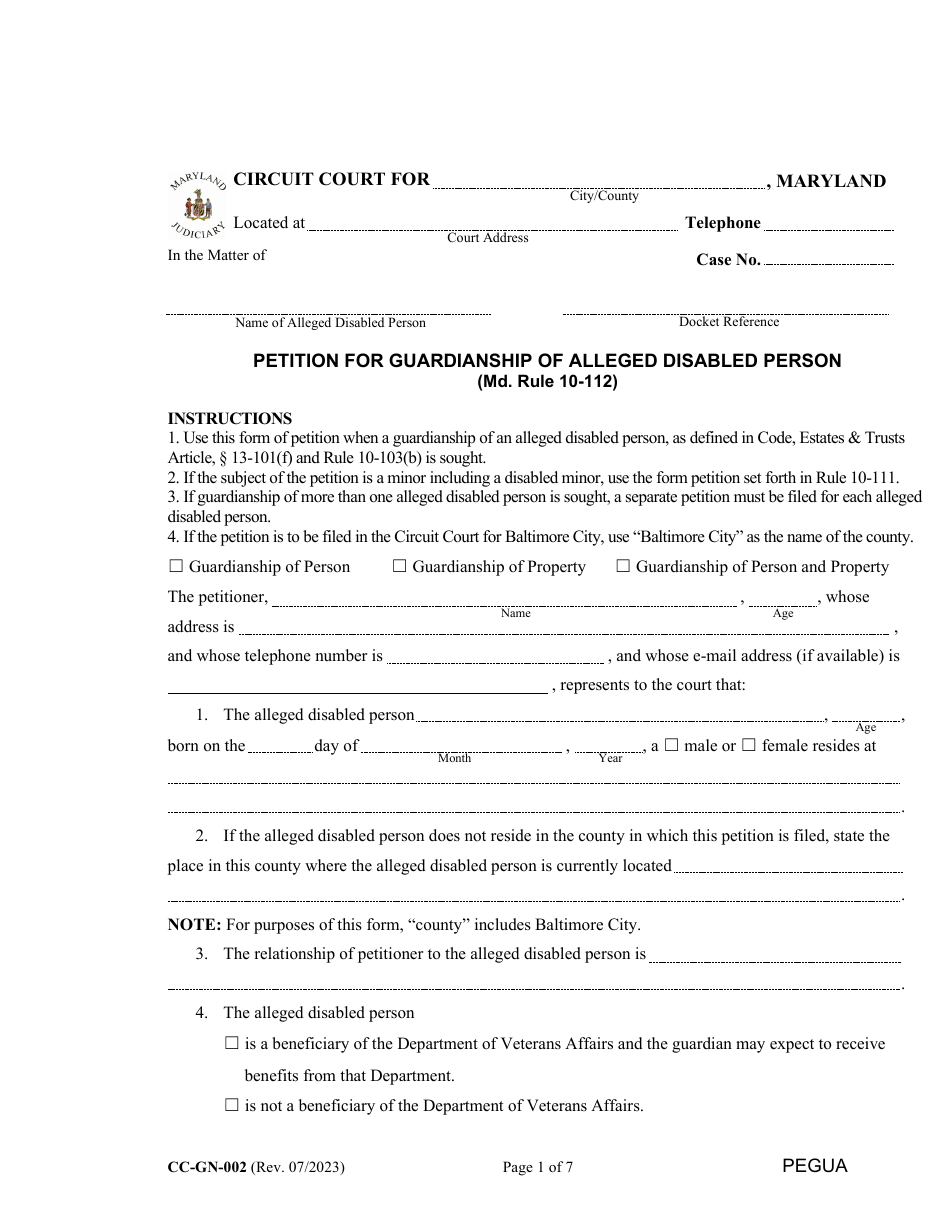 Form CC-GN-002 Petition for Guardianship of Alleged Disabled Person (Md. Rule 10-112) - Maryland, Page 1