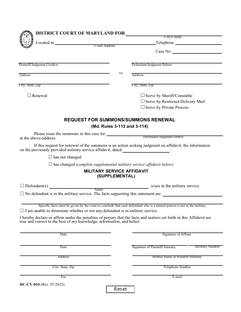 Form DC-CV-010 Request for Summons/Summons Renewal (Md. Rules 3-113 and 3-114) - Maryland
