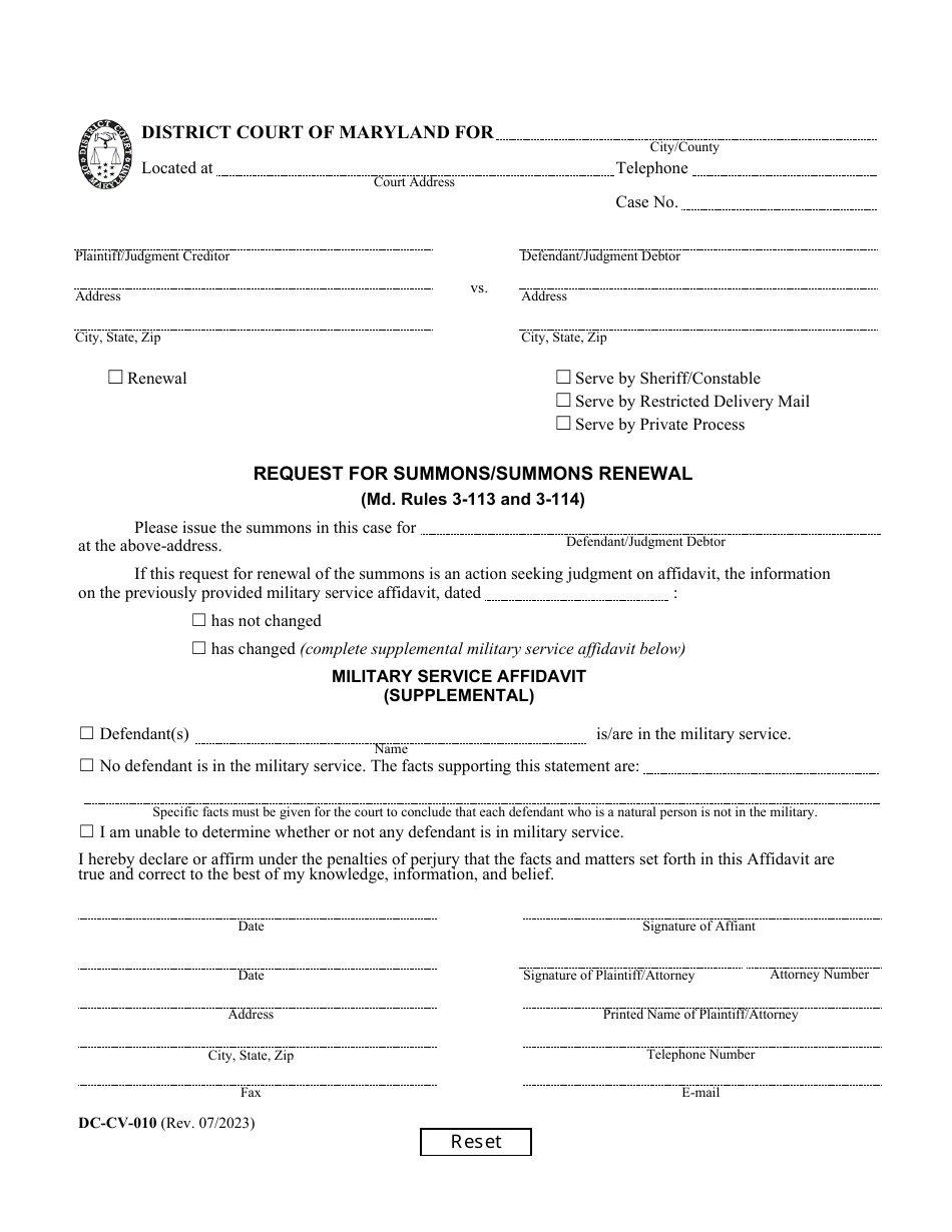 Form DC-CV-010 Request for Summons / Summons Renewal (Md. Rules 3-113 and 3-114) - Maryland, Page 1
