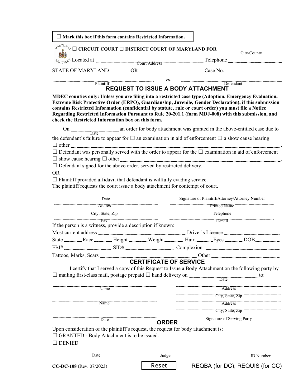 Form CC-DC-108 Request to Issue a Body Attachment - Maryland, Page 1