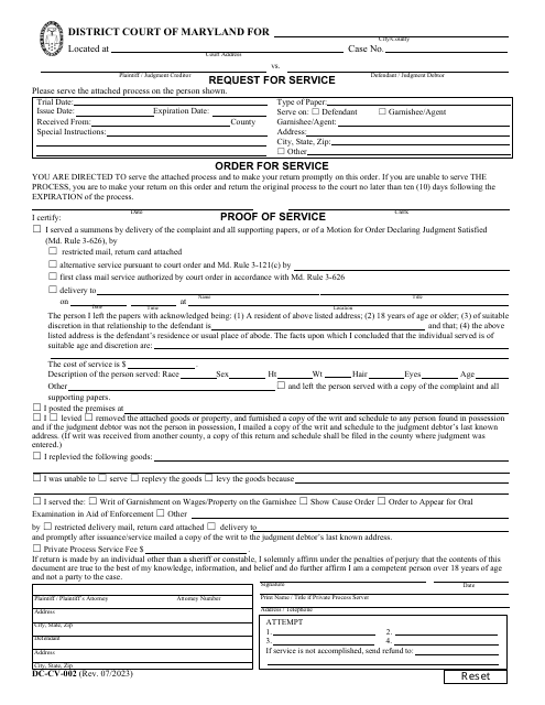 Form DC-CV-002 Request for Service/Order for Service/Proof of Service - Maryland