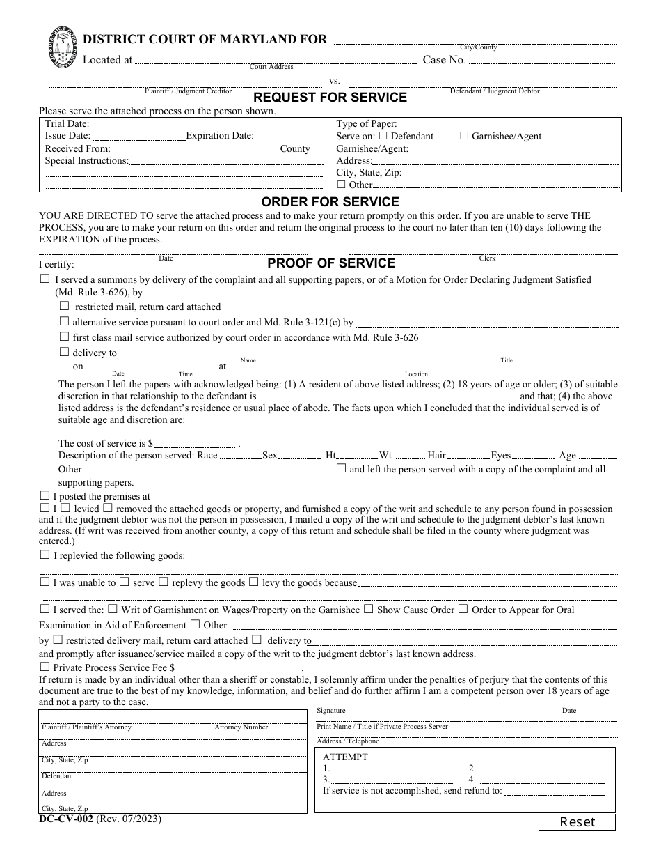 Form DC-CV-002 Request for Service / Order for Service / Proof of Service - Maryland, Page 1