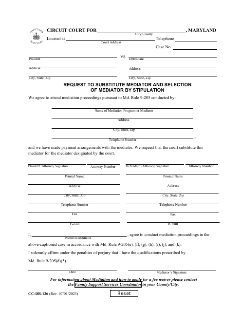 Form CC-DR-126 Request to Substitute Mediator and Selection of Mediator by Stipulation - Maryland