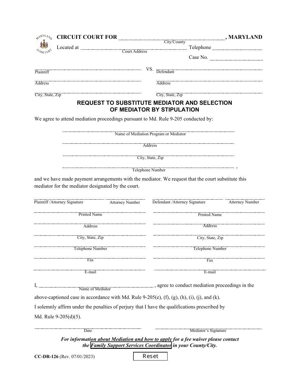 Form CC-DR-126 Request to Substitute Mediator and Selection of Mediator by Stipulation - Maryland, Page 1