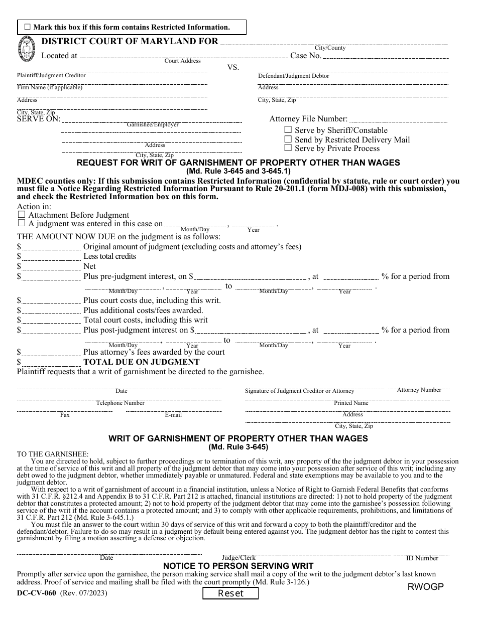Form DC-CV-060 Request for Writ of Garnishment of Property Other Than Wages (Md. Rule 3-645 and 3-645.1) - Maryland, Page 1