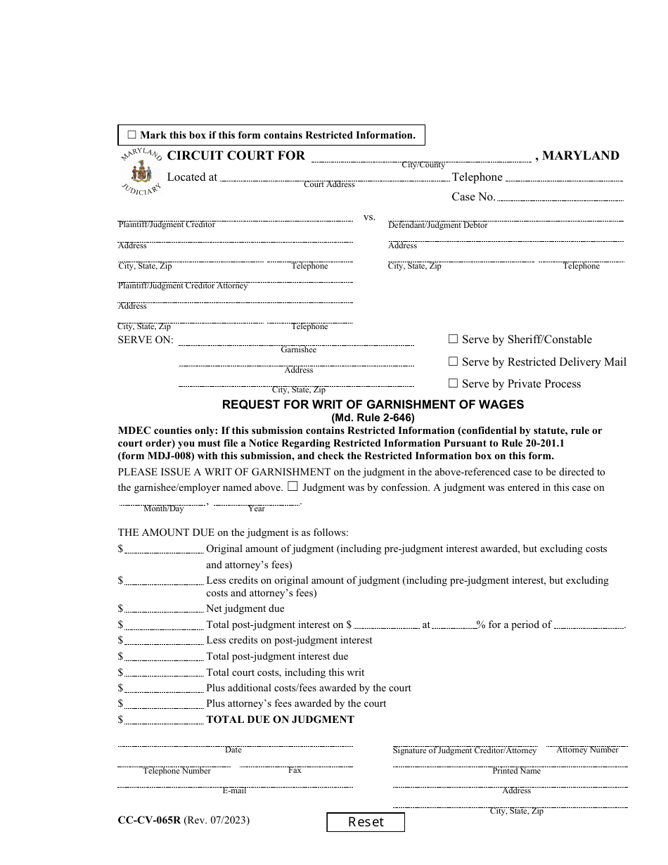 Form CC-CV-065R Request for Writ of Garnishment of Wages (Md. Rule 2-646) - Maryland, Page 1
