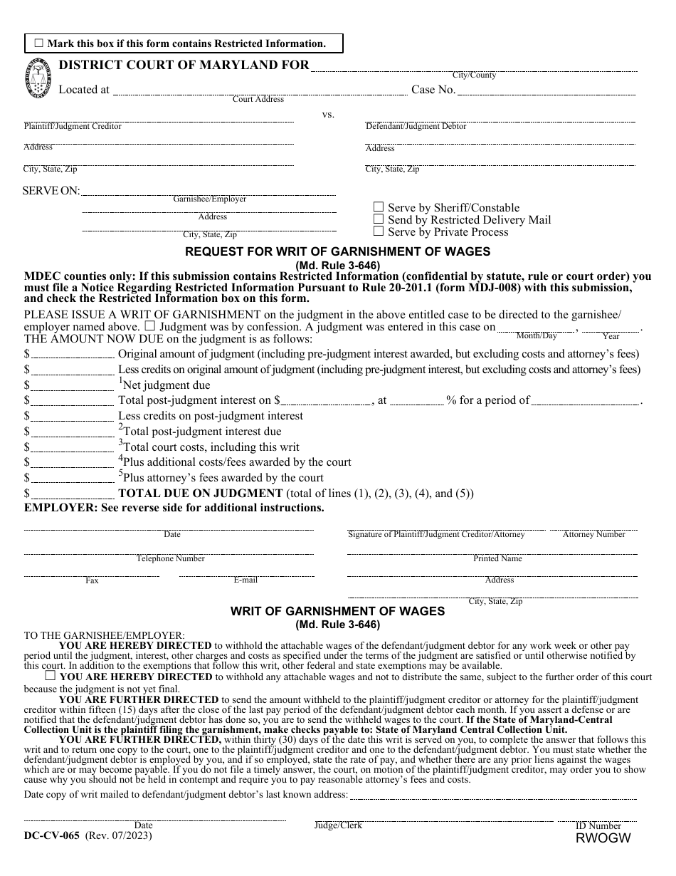 Form DC-CV-065 Request for Writ of Garnishment of Wages (Md. Rule 3-646) - Maryland, Page 1