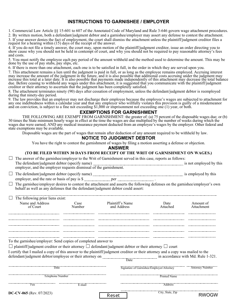 Form DC-CV-065 Request for Writ of Garnishment of Wages (Md. Rule 3-646) - Maryland, Page 2