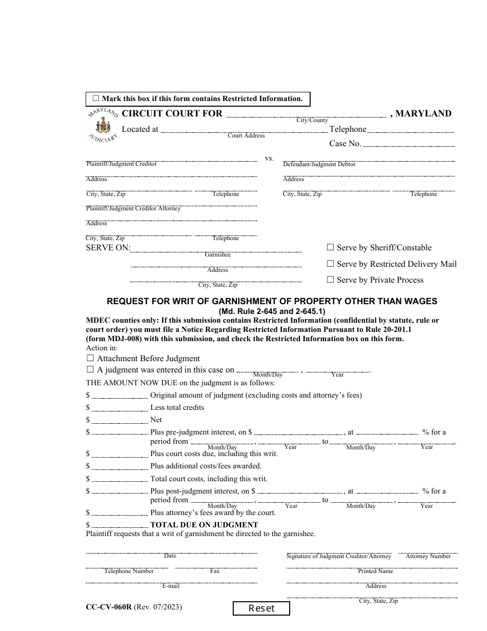 Form CC-CV-060R Request for Writ of Garnishment of Property Other Than Wages (Md. Rule 2-645 and 2-645.1) - Maryland, Page 1