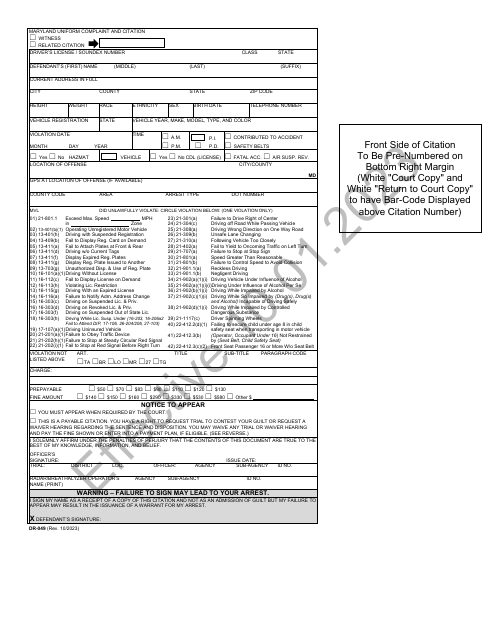 Form DR-049 Maryland Uniform Complaint and Citation - Maryland