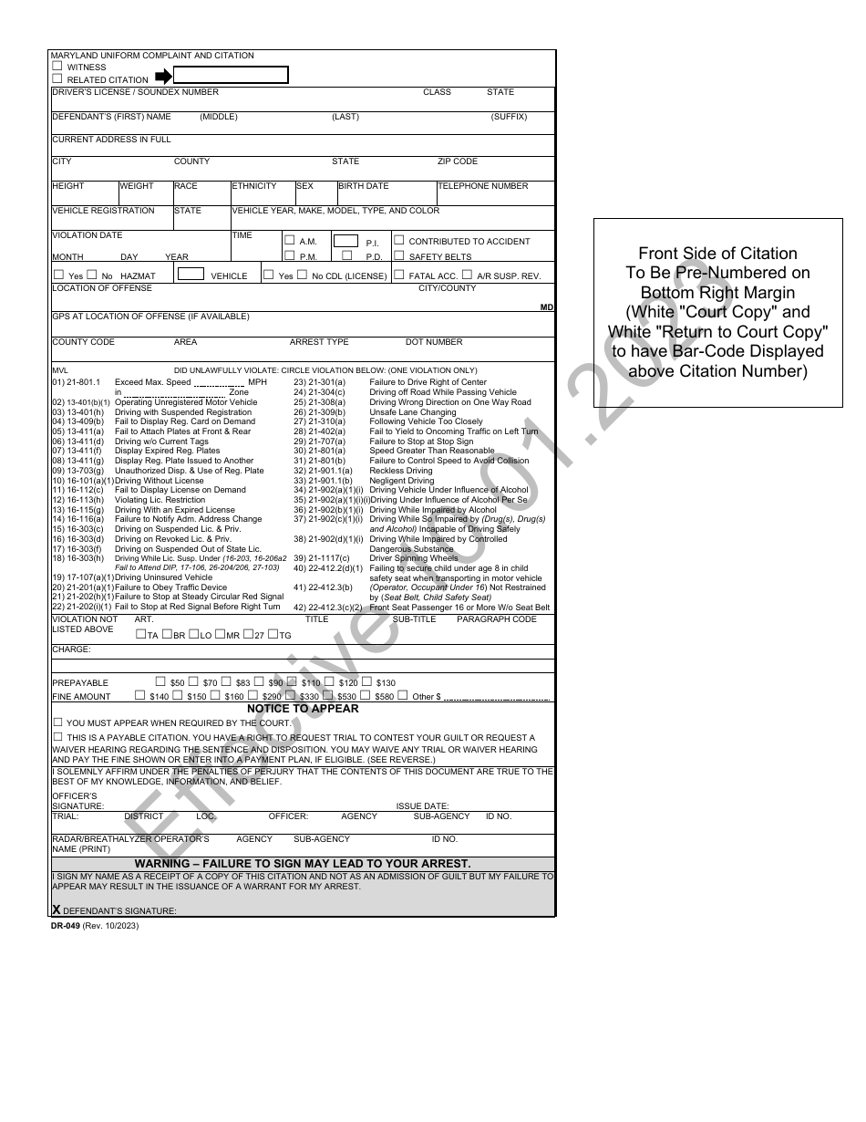 Form DR-049 Maryland Uniform Complaint and Citation - Maryland, Page 1