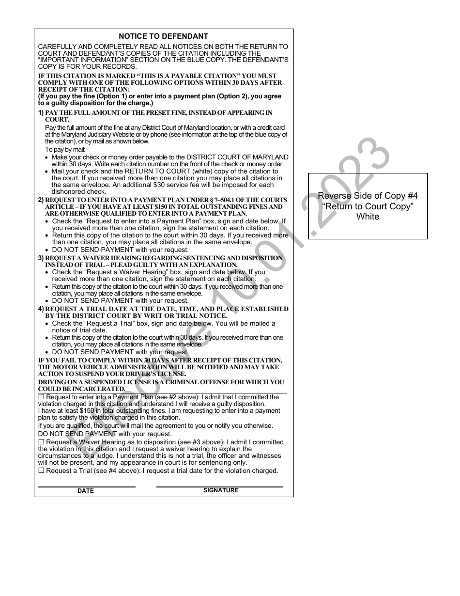 Form DR-049 Maryland Uniform Complaint and Citation - Maryland, Page 4
