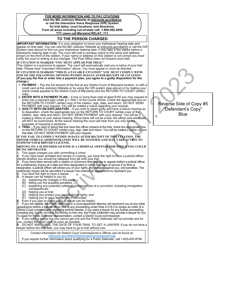 Form DR-049 Maryland Uniform Complaint and Citation - Maryland, Page 5