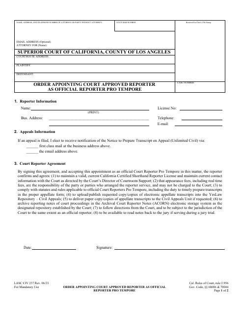 Form LACIV237 Order Appointing Court Approved Reporter as Official Reporter Pro Tempore - County of Los Angeles, California