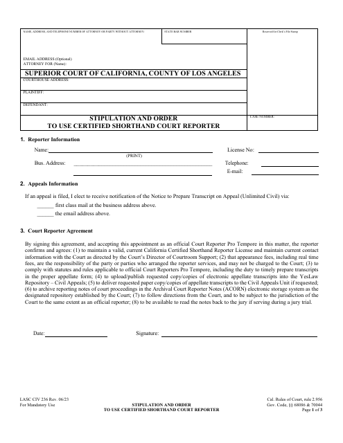 Form LASC CIV236 Stipulation and Order to Use Certified Shorthand Court Reporter - County of Los Angeles, California