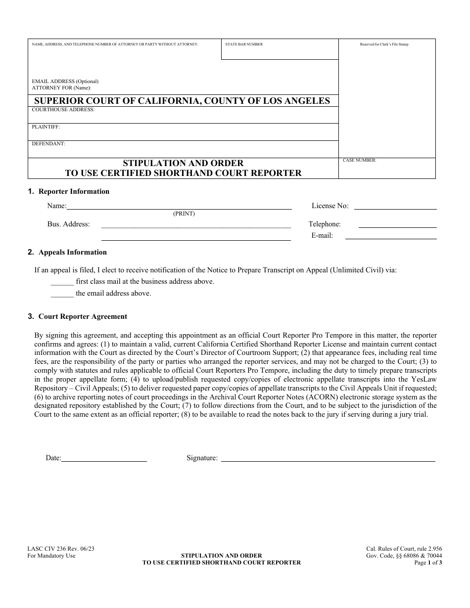 Form LASC CIV236 Stipulation and Order to Use Certified Shorthand Court Reporter - County of Los Angeles, California, Page 1
