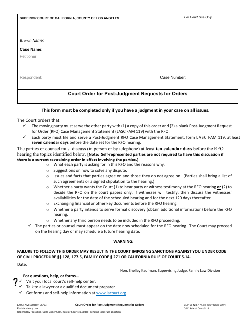 Form LASC FAM120 Court Order for Post-judgment Requests for Orders - County of Los Angeles, California