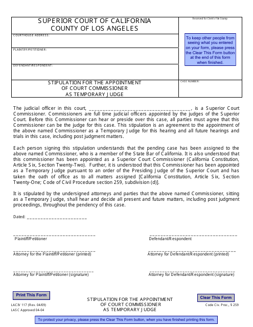 Form LACIV117 Stipulation for the Appointment of Court Commissioner as Temporary Judge - Countyof Los Angeles, California