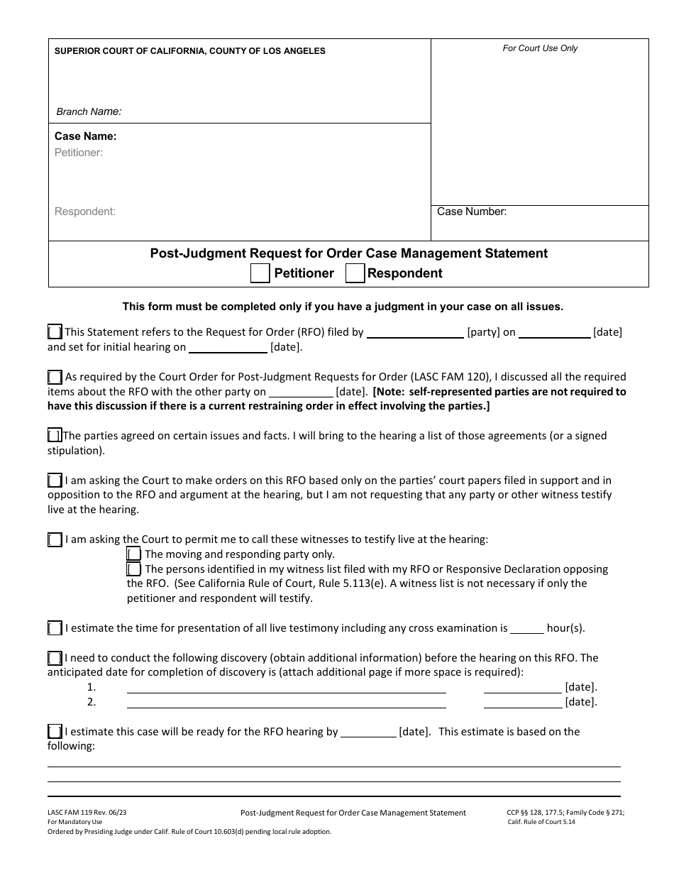 Form FAM119 Post-judgment Request for Order Case Management Statement - County of Los Angeles, California, Page 1