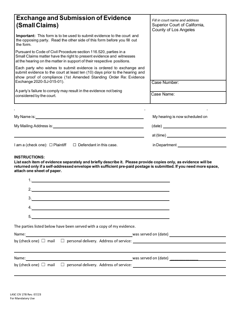 Form LASC CIV278  Printable Pdf