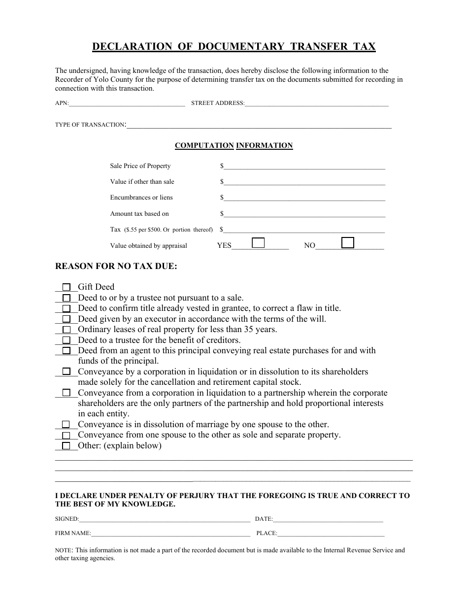 Yolo County, California Declaration of Documentary Transfer Tax Fill