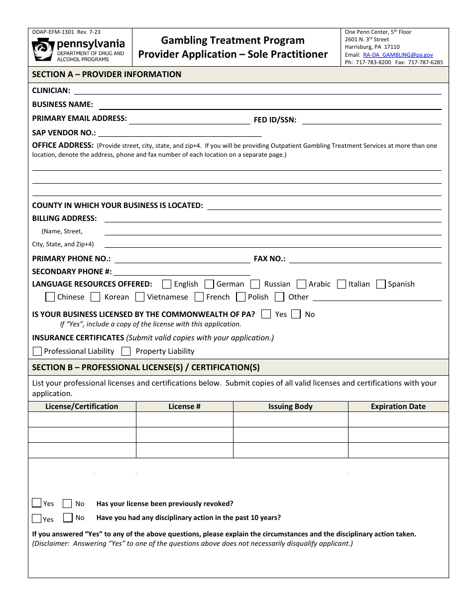 Form DDAP-EFM-1301 Outpatient Gambling Treatment Services Minimum Eligibility Requirements Sole Practitioner - Pennsylvania, Page 2