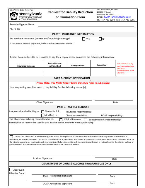 Form DDAP-EFM-1303 Request for Liability Reduction or Elimination Form - Pennsylvania