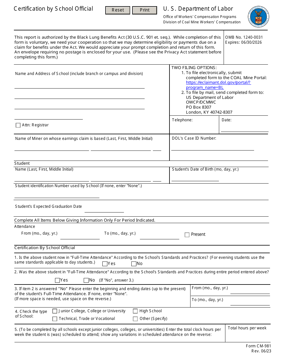 Form CM-981 Certification by School Official, Page 1