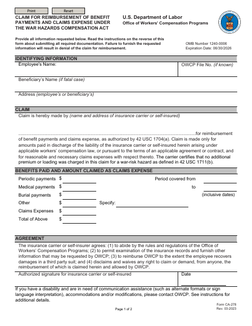 Form CA-278  Printable Pdf