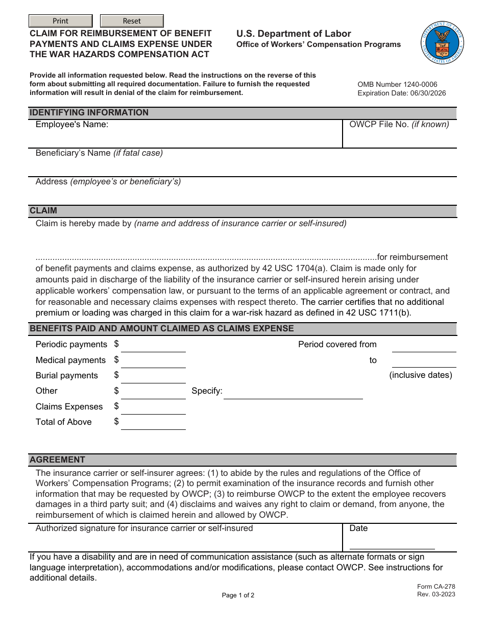 Form Ca-278 Download Fillable Pdf Or Fill Online Claim For 